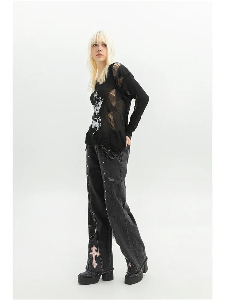 Women Clothing Black Gothic Jeans Pink Cross Y2k Oversize Loose Aesthetic Denim Trousers Harajuku Korean 2000s Jean Trashy Pants