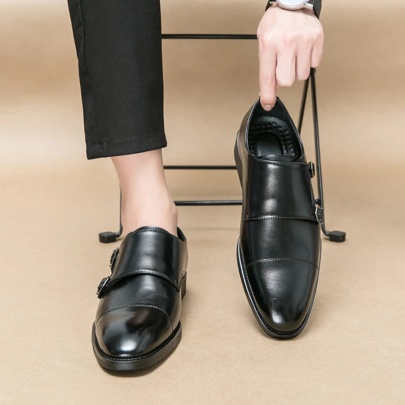Men Business Dress Shoes Black Brown Side Double Button Leather Shoes European Fashion Versatile Suit Le Fu Shoes Size 38-46