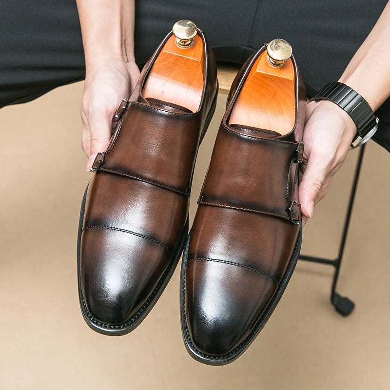 Men Business Dress Shoes Black Brown Side Double Button Leather Shoes European Fashion Versatile Suit Le Fu Shoes Size 38-46