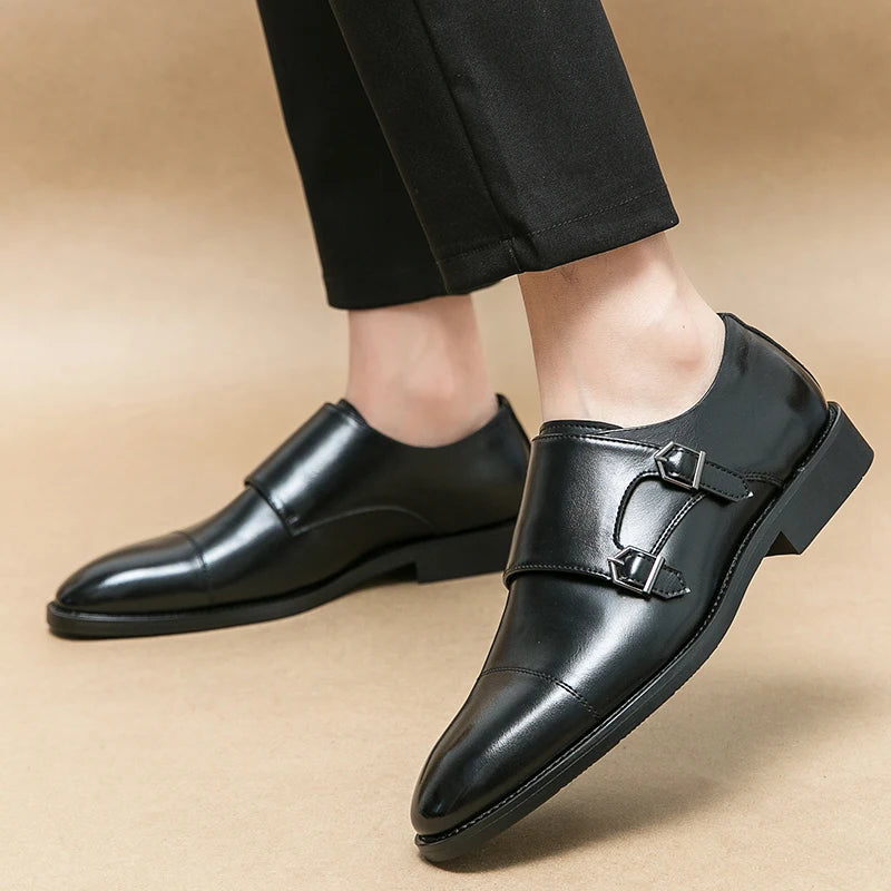 Men Business Dress Shoes Black Brown Side Double Button Leather Shoes European Fashion Versatile Suit Le Fu Shoes Size 38-46