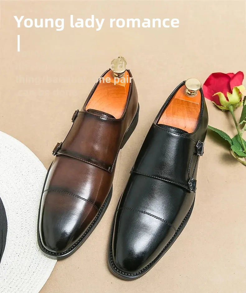 Men Business Dress Shoes Black Brown Side Double Button Leather Shoes European Fashion Versatile Suit Le Fu Shoes Size 38-46