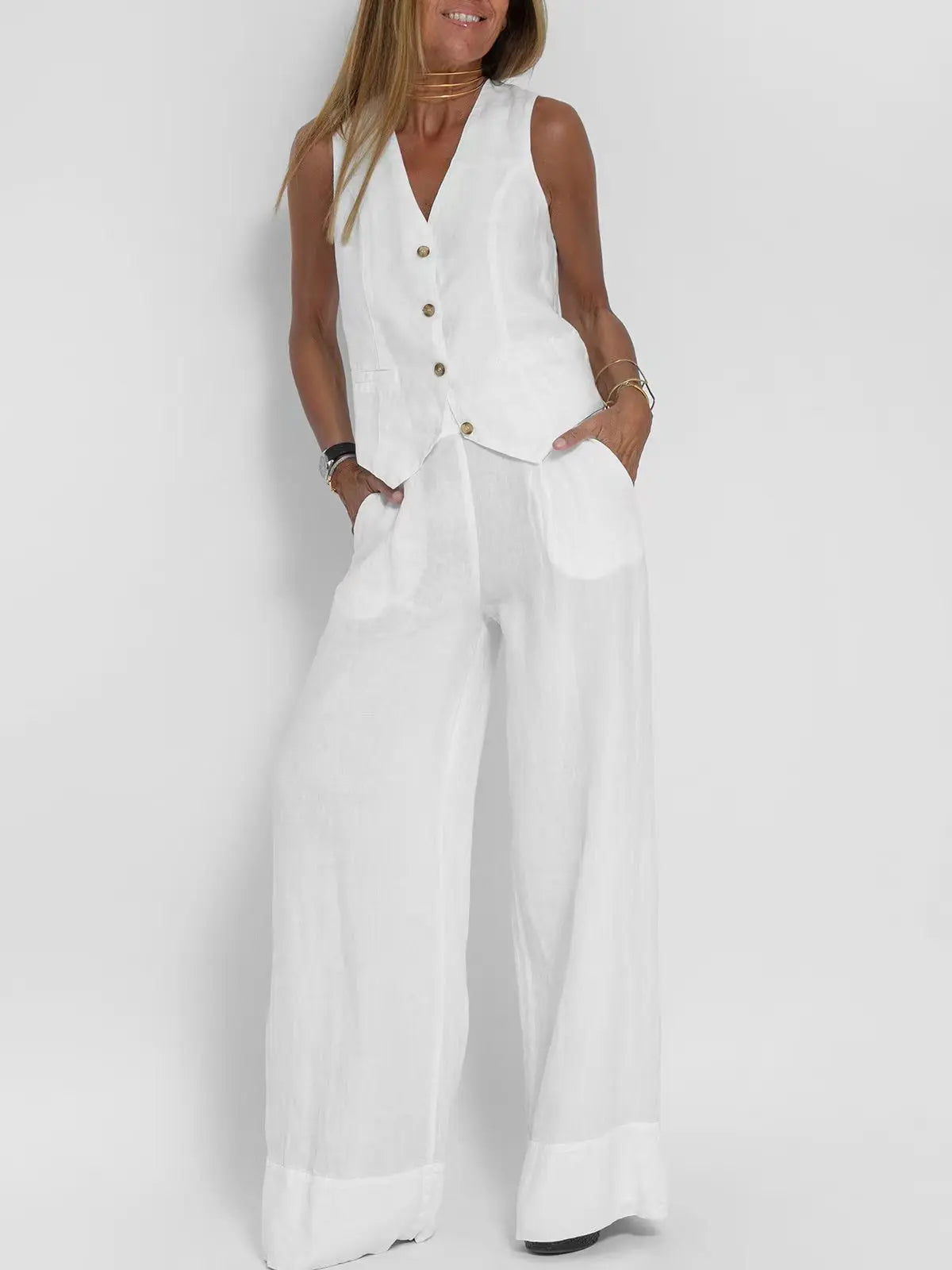 Trendy Vest & Pants Suit Set - Sleeveless 2-Piece with Color Block Stitching