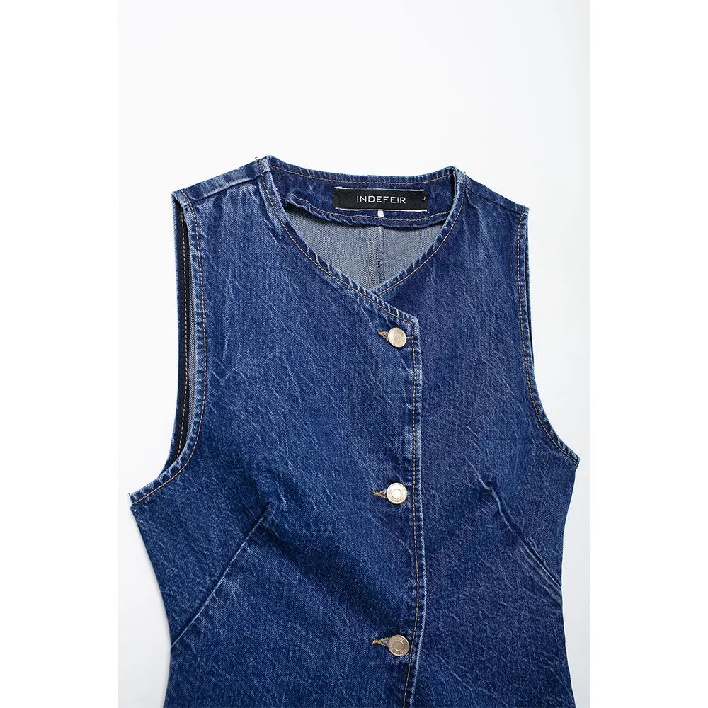 DUOPERI Women 2 piece sets Denim Waistcoat V-Neck Sleevele and Wide Leg Denim Long Trousers Suits Female Chic Lady Casual Outfit