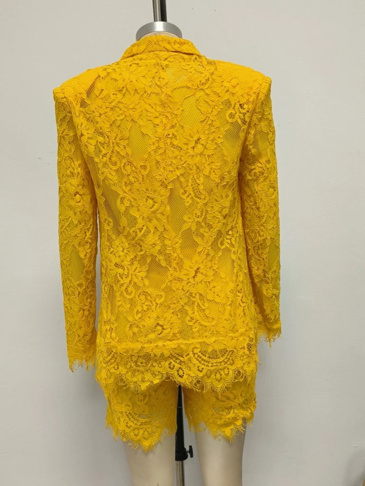 Women Lace Suit 3 Piece Set Sexy Yellow Short Top + Single Button Blazer + Shorts Sets Jacket Coat Suits Party Evening Cocktail