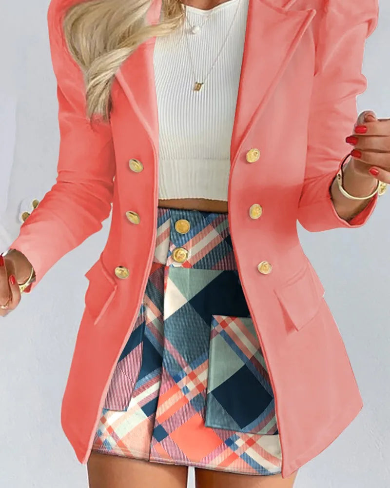 Fashion Versatile Matching Suit and Skirt Women's Casual Floral Print Puff Sleeve Blazer Coat & Skirt Set Ladies Two Piece Suit