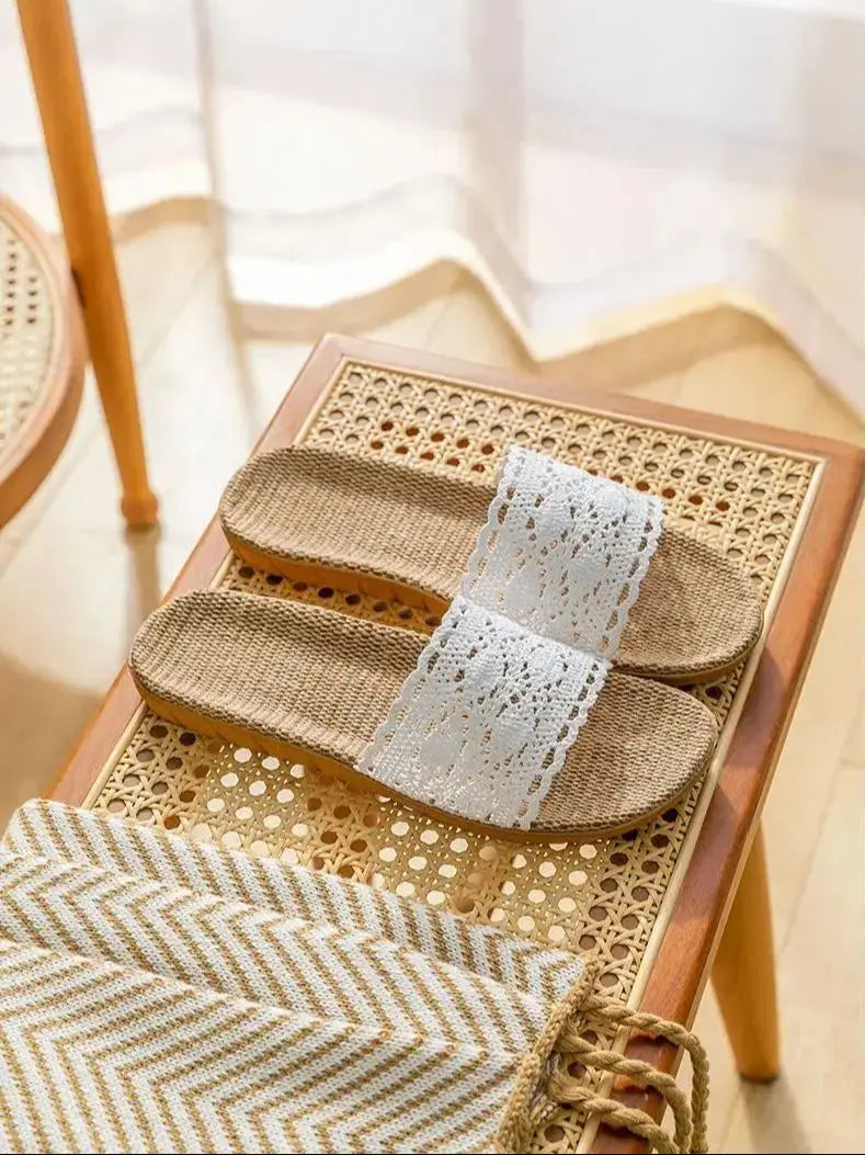 Summer Ladies' Lace Slippers Internet Famous Home Use Anti-Slip Linen Slippers for Women Comfortable Floor Slippers