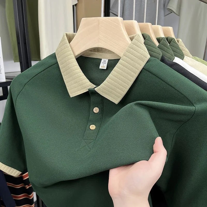 2025 New Patchwork Summer Men Polo Shirts Lapel Half Button Shoet Sleeve Busniess Korean Fashion Casual Men Tops