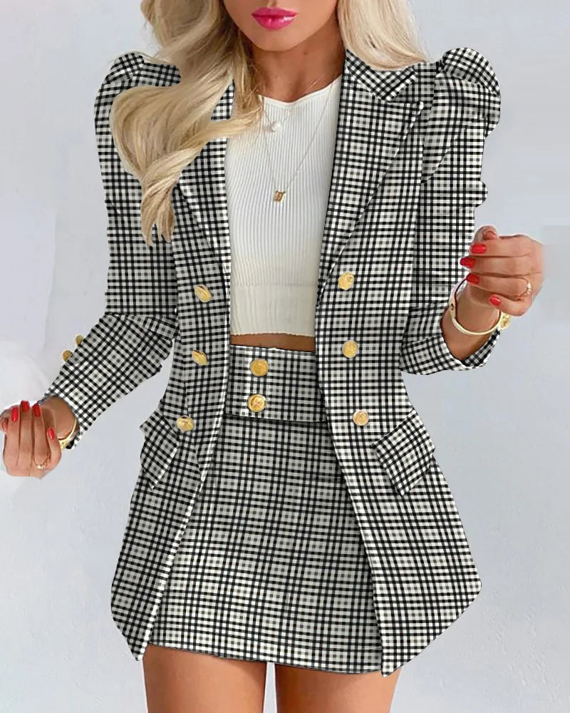 Fashion Versatile Matching Suit and Skirt Women's Casual Floral Print Puff Sleeve Blazer Coat & Skirt Set Ladies Two Piece Suit