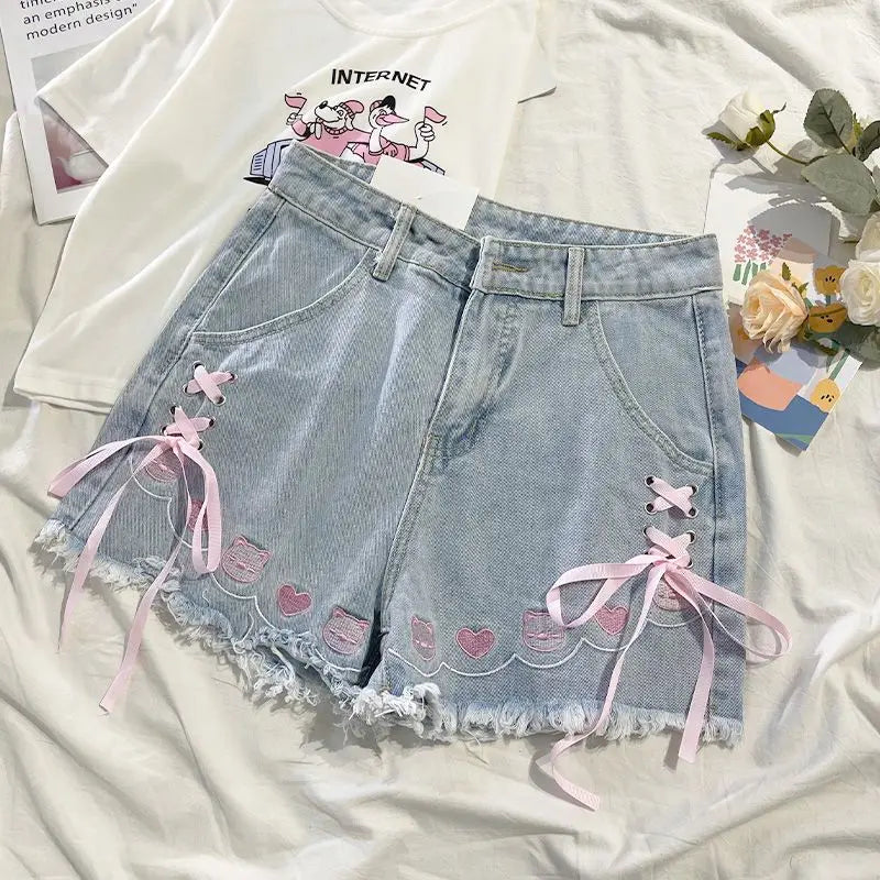 Japanese Denim Shorts Women 2025 New Bottoms Hig Waist Embroidery Bandage Pants Tunic Cute Shorts Pantalones Cortos De Mujer
