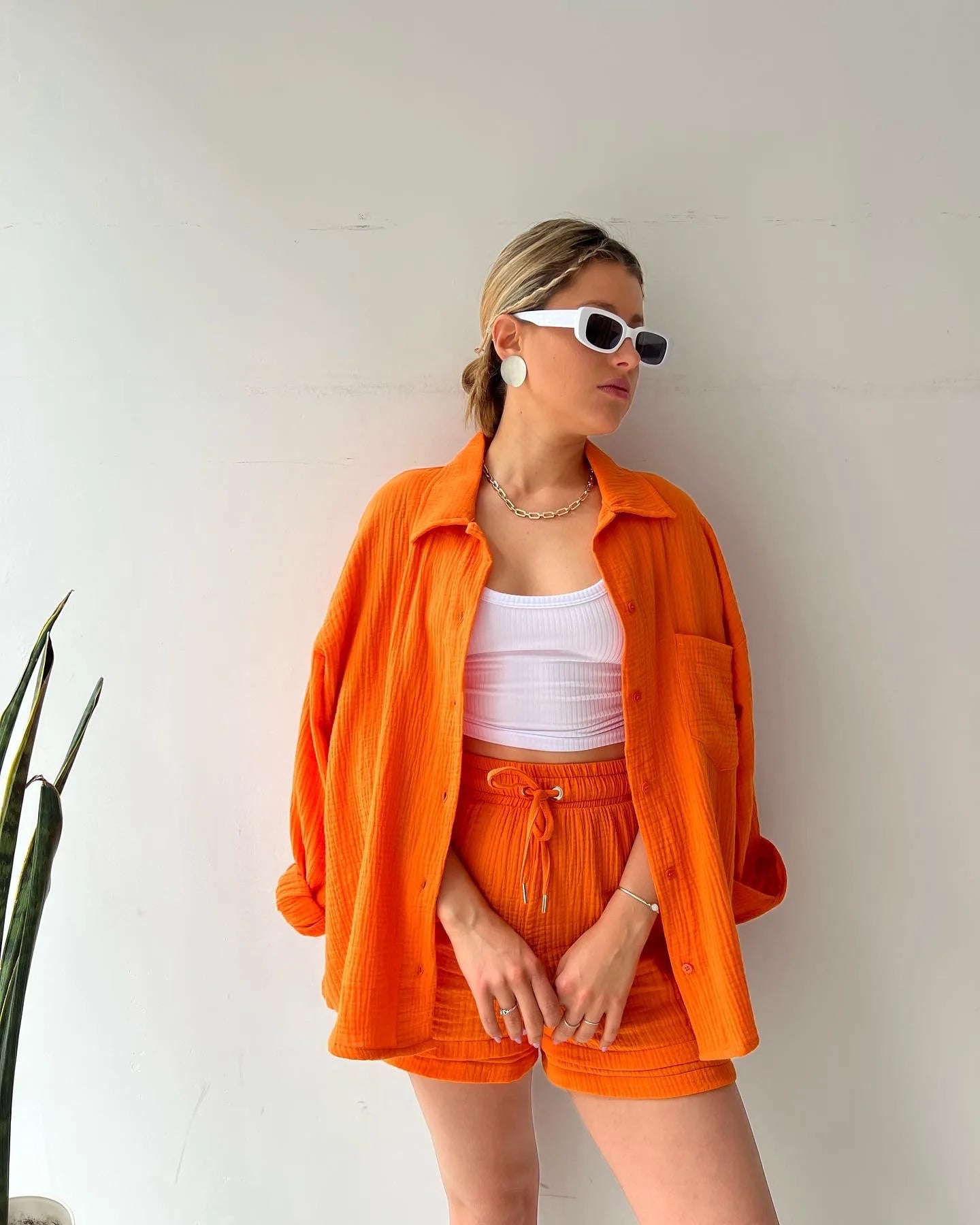 Summer Women's Suit Short Sets Outfits Muslin Suit For Women 2024 Two Piece Sets Female Clothing Solid Button Lapel Outfits