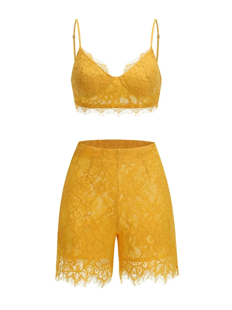 Women Lace Suit 3 Piece Set Sexy Yellow Short Top + Single Button Blazer + Shorts Sets Jacket Coat Suits Party Evening Cocktail