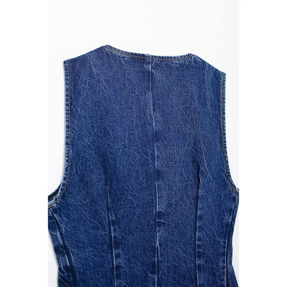 DUOPERI Women 2 piece sets Denim Waistcoat V-Neck Sleevele and Wide Leg Denim Long Trousers Suits Female Chic Lady Casual Outfit