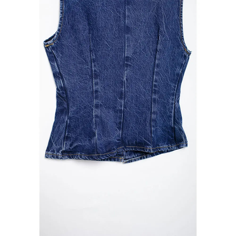 DUOPERI Women 2 piece sets Denim Waistcoat V-Neck Sleevele and Wide Leg Denim Long Trousers Suits Female Chic Lady Casual Outfit