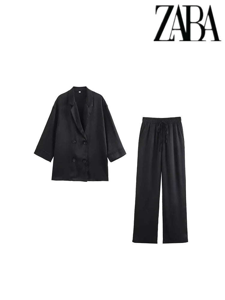 TRAF Women's Pure Colour Casual Commuter Suit Suit Double Breasted Lapel Jacket High Waisted Wide Leg Pants Women's Two Pieces