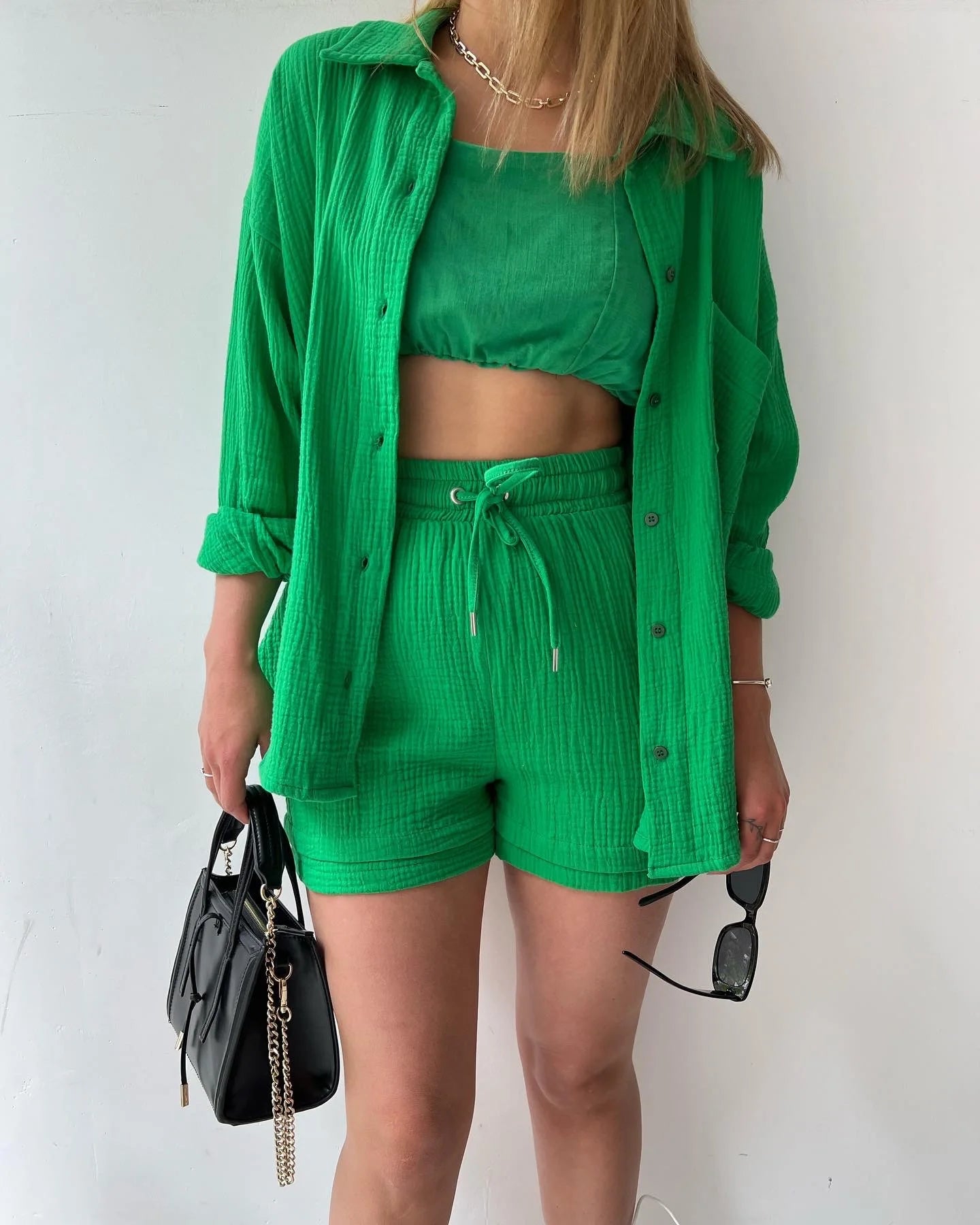 Summer Women's Suit Short Sets Outfits Muslin Suit For Women 2024 Two Piece Sets Female Clothing Solid Button Lapel Outfits