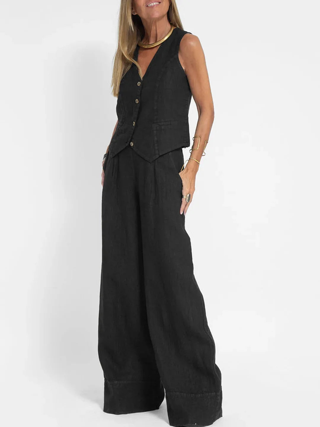 Trendy Vest & Pants Suit Set - Sleeveless 2-Piece with Color Block Stitching
