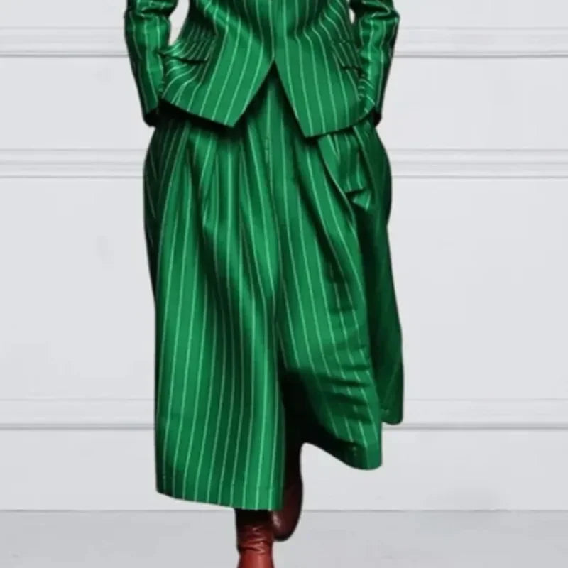 Beautyblue Blazer Set Women's Trouser Suit Outerwear Striped Trousers New Vintage Loose Wide Leg Long Sleeves Suit Costume Femme