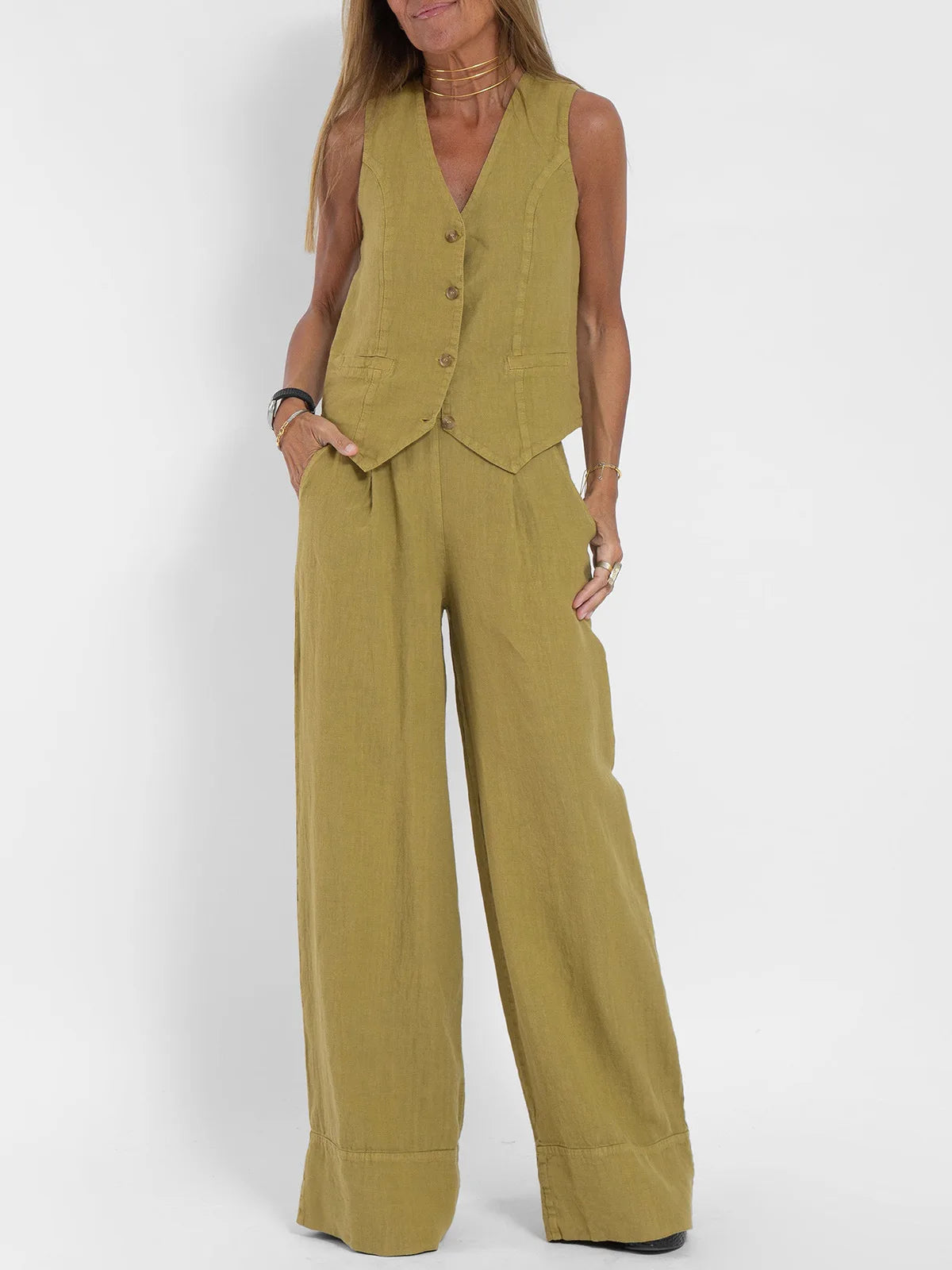 Trendy Vest & Pants Suit Set - Sleeveless 2-Piece with Color Block Stitching