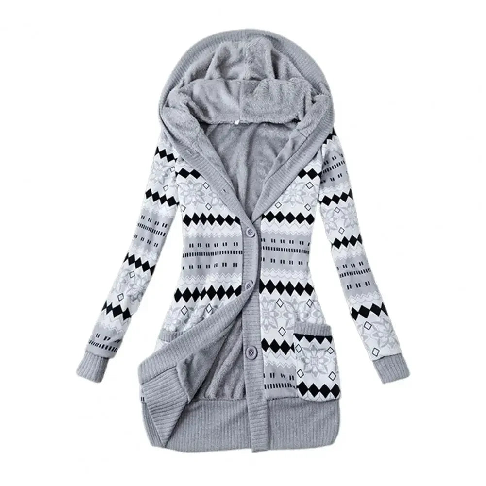 Women Cardigan Striped Print Long Sleeve Sweater Coat Buttons Closure Hooded Plush Lining Sweater Outerwear For Autumn Winter