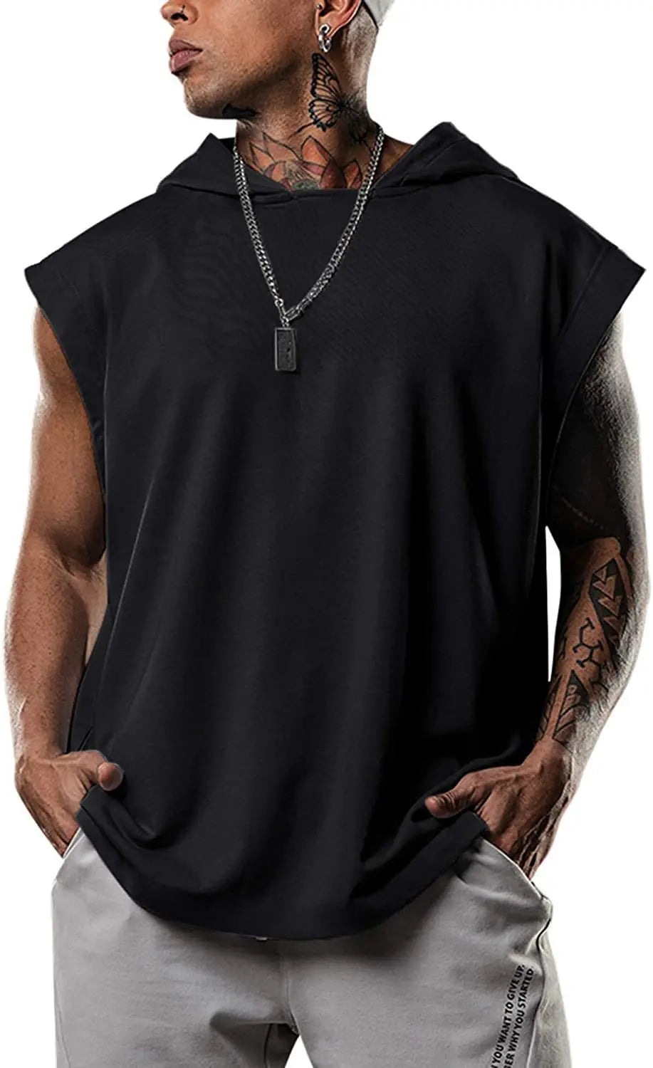2025 Men Tank Top Fitness Training Pullover Leisure Fashion Sleeve Men's Hooded Vest Solid Color Tank Tops For Male
