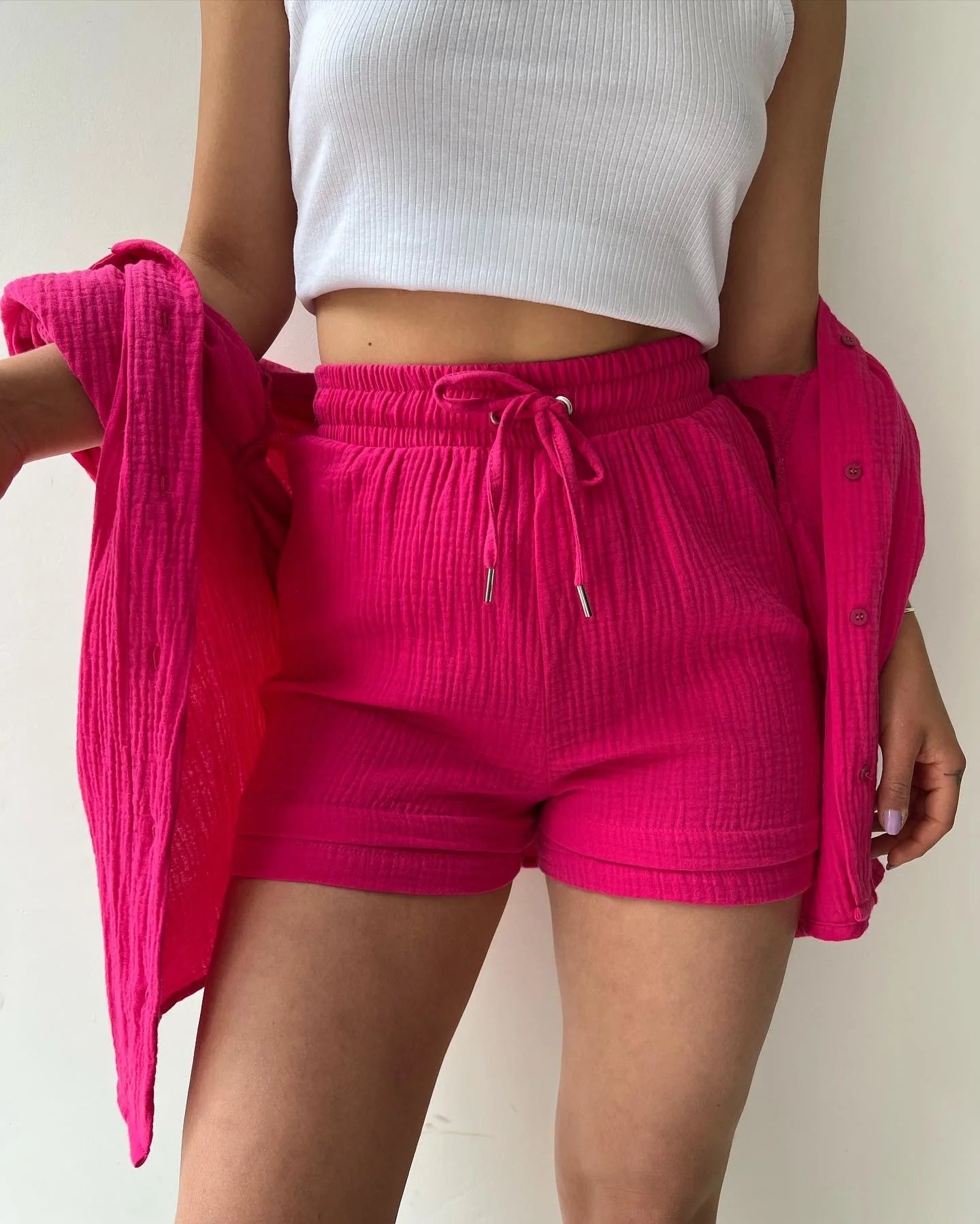 Summer Women's Suit Short Sets Outfits Muslin Suit For Women 2024 Two Piece Sets Female Clothing Solid Button Lapel Outfits