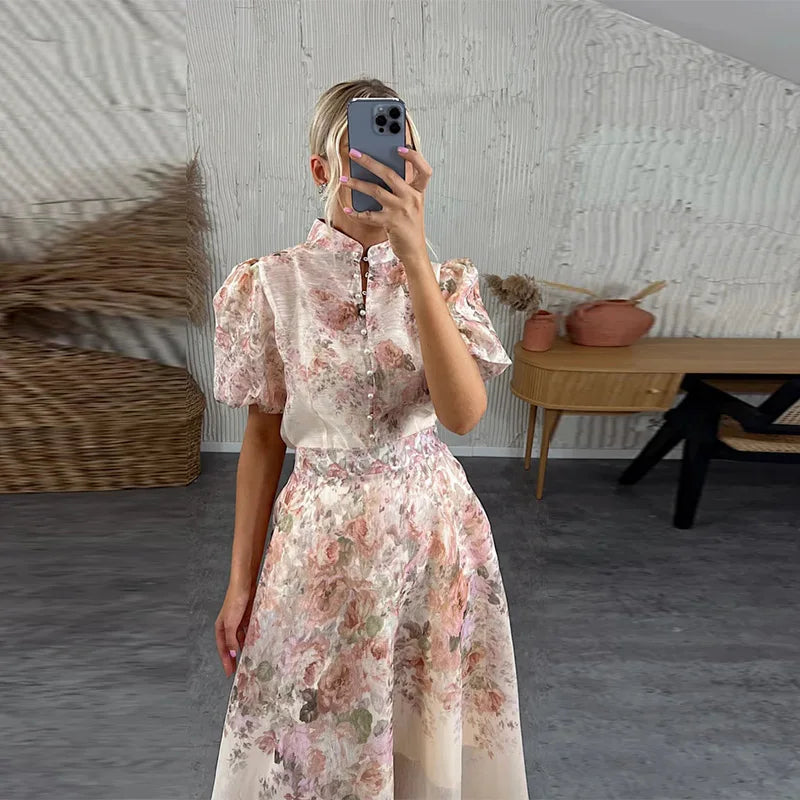 Elegant Floral Printed Long Skirts Set Women Loose Full Sleeve Single Breasted Shirts Pleated Skirt 2025 Summer Lady New Suits