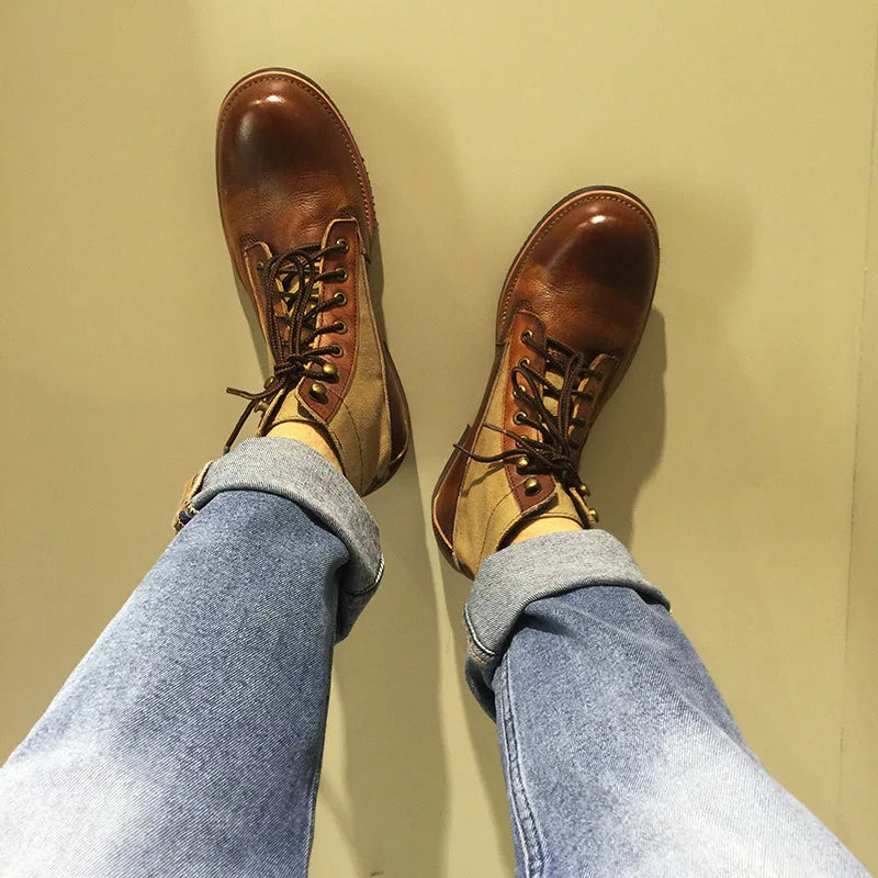 New Brown Boots for Men Black Business Handmade Men's Short Boots Round Toe Slip-On Ankle Boots Motorcycle Boots Combat Boots