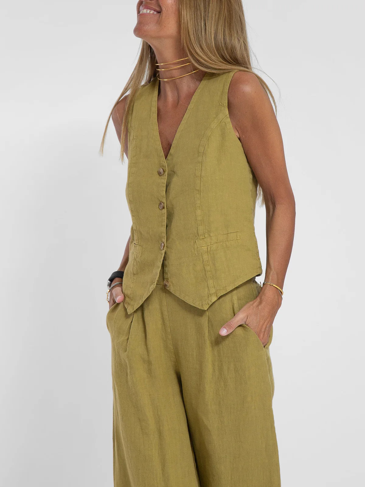 Trendy Vest & Pants Suit Set - Sleeveless 2-Piece with Color Block Stitching