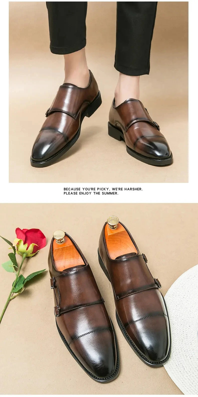 Men Business Dress Shoes Black Brown Side Double Button Leather Shoes European Fashion Versatile Suit Le Fu Shoes Size 38-46