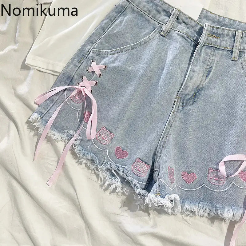 Japanese Denim Shorts Women 2025 New Bottoms Hig Waist Embroidery Bandage Pants Tunic Cute Shorts Pantalones Cortos De Mujer