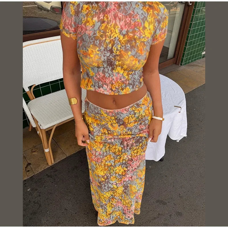 Women Elegant Printing Skirt Suit Chic Round Neck Half Sleeve Top High Waist Slim Fit 2-piece Set 2025 New Summer Fashion Outfit