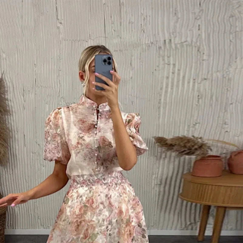 Elegant Floral Printed Long Skirts Set Women Loose Full Sleeve Single Breasted Shirts Pleated Skirt 2025 Summer Lady New Suits