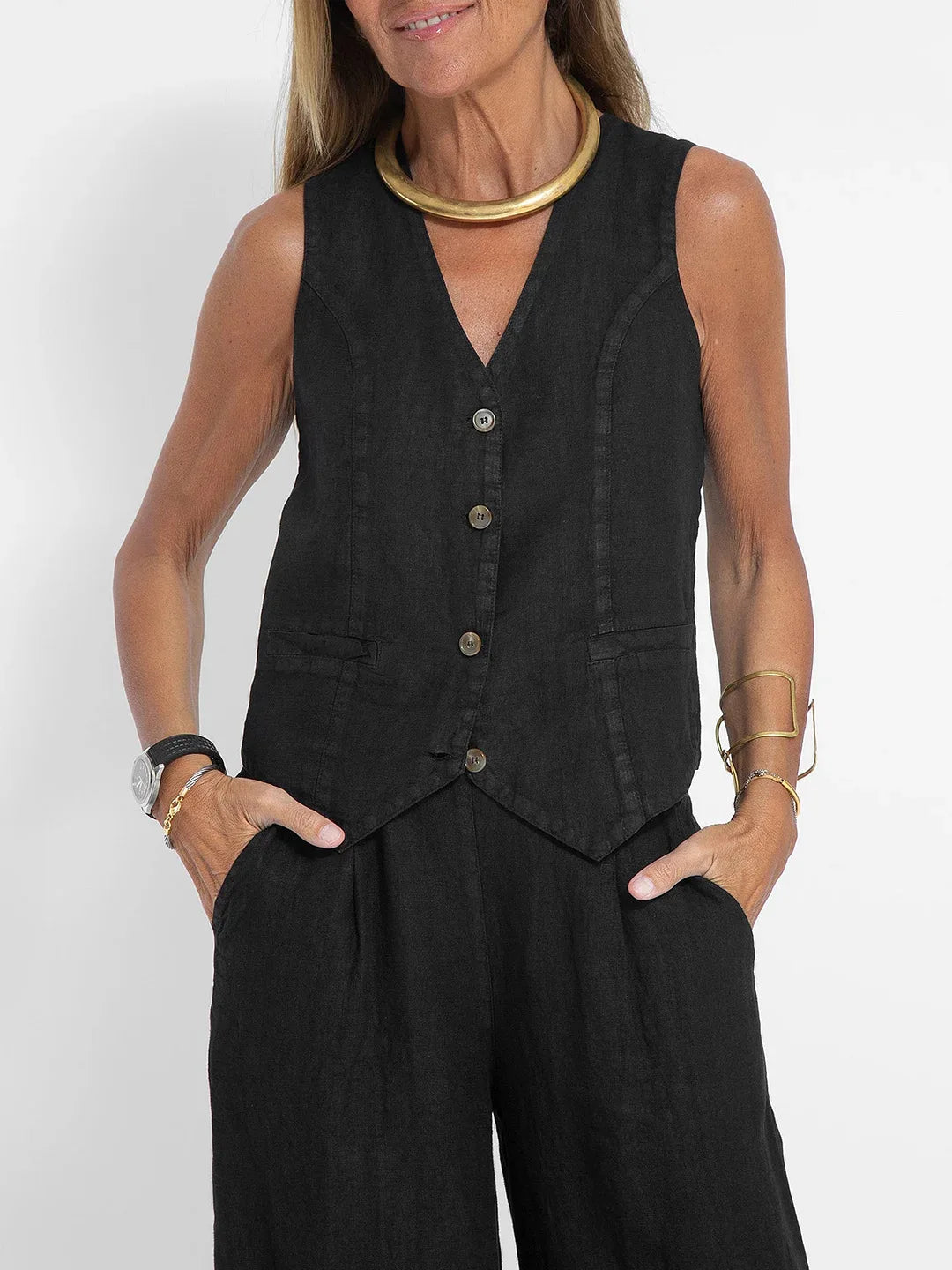 Trendy Vest & Pants Suit Set - Sleeveless 2-Piece with Color Block Stitching