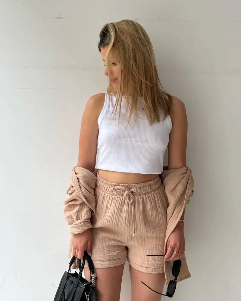 Summer Women's Suit Short Sets Outfits Muslin Suit For Women 2024 Two Piece Sets Female Clothing Solid Button Lapel Outfits