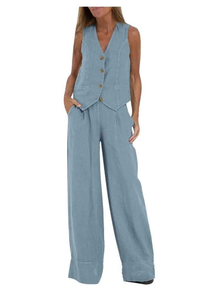 Trendy Vest & Pants Suit Set - Sleeveless 2-Piece with Color Block Stitching