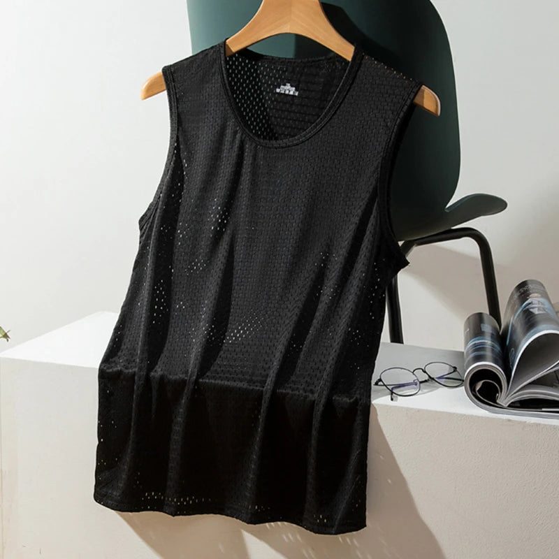 Men Tops Ice Silk Vest Outer Wear Quick-Drying Mesh Hole Breathable Sleeveless T-Shirts Summer Cool Vest Beach Travel Tanks