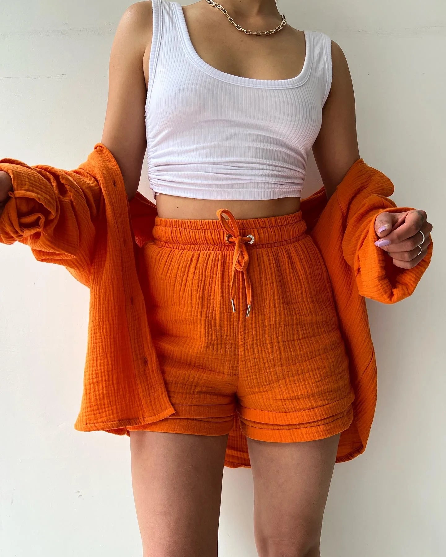Summer Women's Suit Short Sets Outfits Muslin Suit For Women 2024 Two Piece Sets Female Clothing Solid Button Lapel Outfits