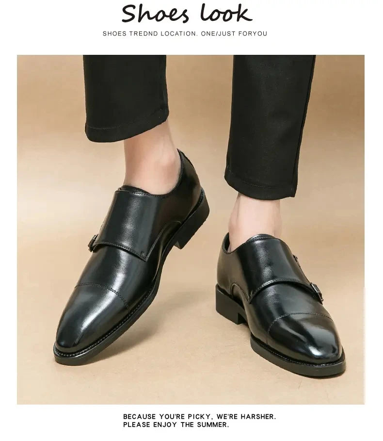 Men Business Dress Shoes Black Brown Side Double Button Leather Shoes European Fashion Versatile Suit Le Fu Shoes Size 38-46