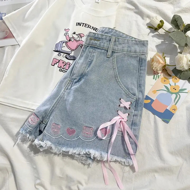 Japanese Denim Shorts Women 2025 New Bottoms Hig Waist Embroidery Bandage Pants Tunic Cute Shorts Pantalones Cortos De Mujer