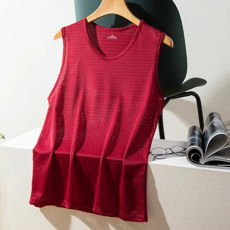 Men Tops Ice Silk Vest Outer Wear Quick-Drying Mesh Hole Breathable Sleeveless T-Shirts Summer Cool Vest Beach Travel Tanks