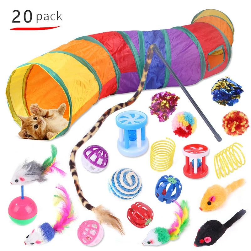 Cat Toys Rainbow Tunnel Set Foldable Cat Kitten Play Tunnel Chat Mouse Supplies Simulation Fish Cat Accessories