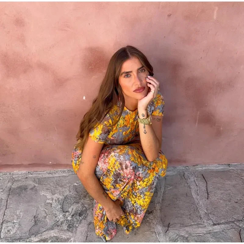 Women Elegant Printing Skirt Suit Chic Round Neck Half Sleeve Top High Waist Slim Fit 2-piece Set 2025 New Summer Fashion Outfit
