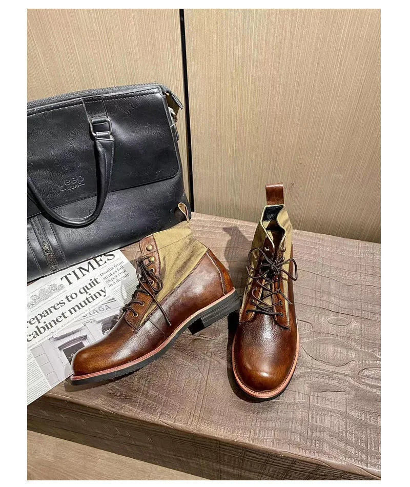 New Brown Boots for Men Black Business Handmade Men's Short Boots Round Toe Slip-On Ankle Boots Motorcycle Boots Combat Boots