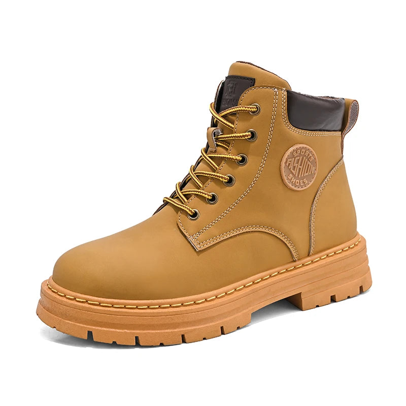 Men's high top boots four season outdoor work shoes anti slip and comfortable yellow boots fashion British casual leather boots