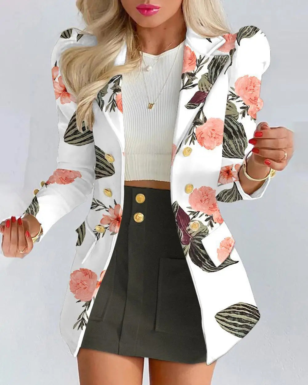 Fashion Versatile Matching Suit and Skirt Women's Casual Floral Print Puff Sleeve Blazer Coat & Skirt Set Ladies Two Piece Suit