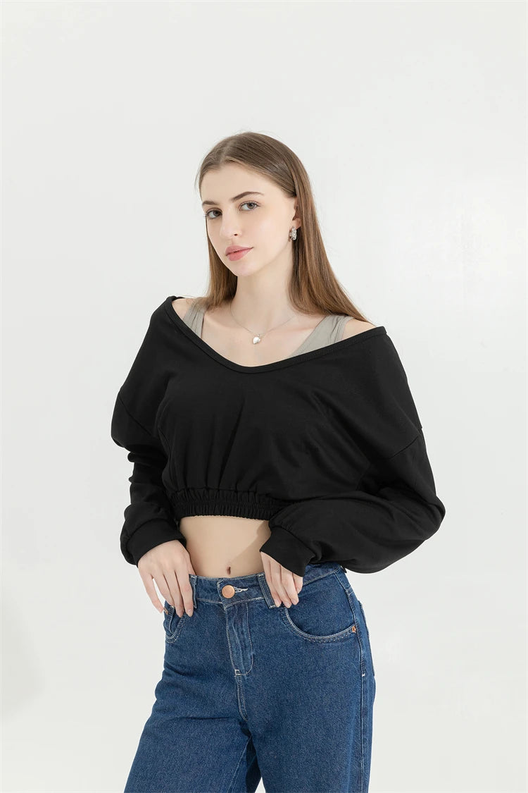 Woman Sweatshirt Hoodies Fashion Female Chic Loose Casual Streetwear Patchwork Ins Street Y2K Fake Two Pieces Hoodies Crop Top