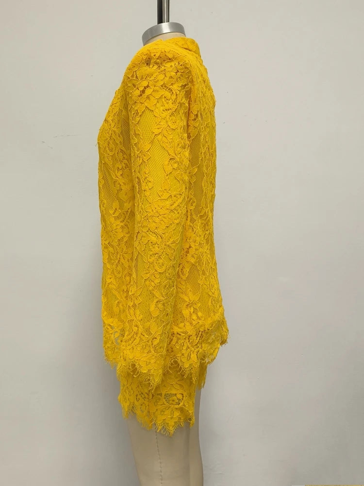 Women Lace Suit 3 Piece Set Sexy Yellow Short Top + Single Button Blazer + Shorts Sets Jacket Coat Suits Party Evening Cocktail