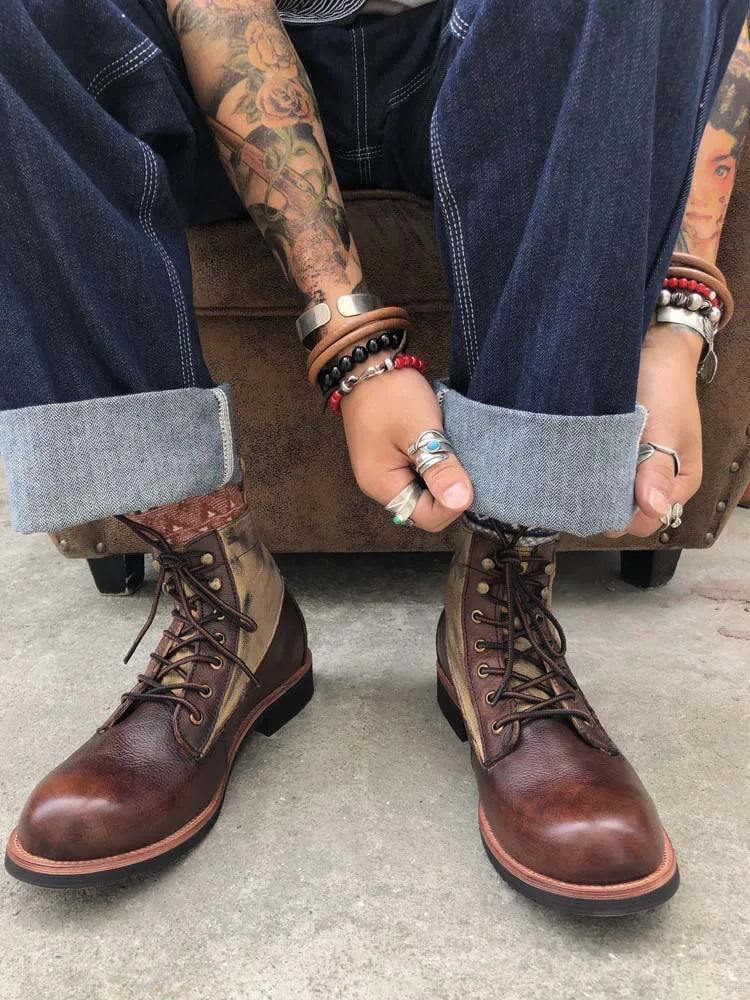 New Brown Boots for Men Black Business Handmade Men's Short Boots Round Toe Slip-On Ankle Boots Motorcycle Boots Combat Boots