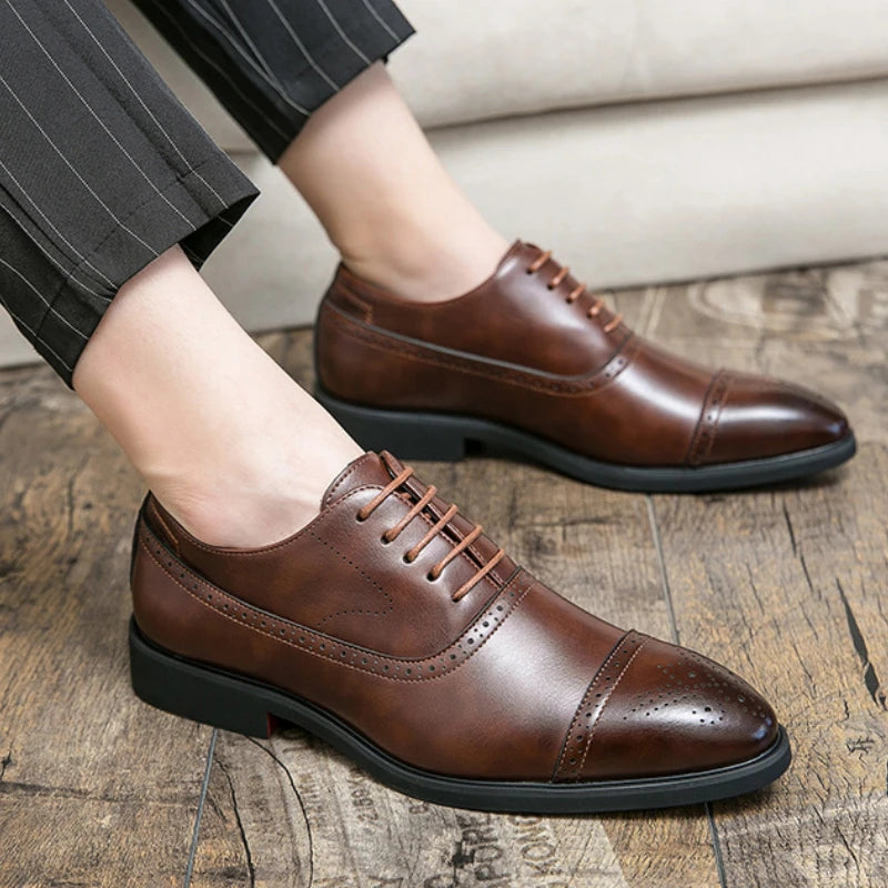 Men's Dress Shoes Red Sole Leather Shoes Pointed Party Shoe Lace-up Office Oxfords Casual Wedding Shoe Retro Business Men Shoes