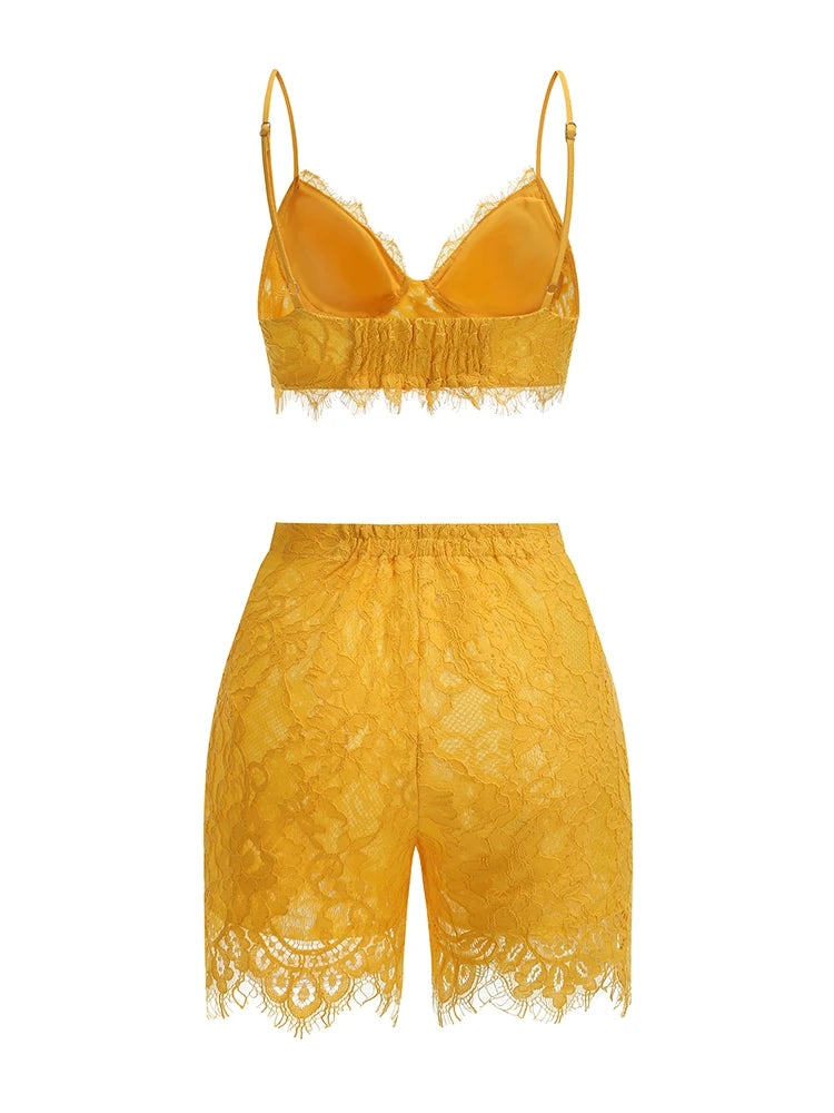 Women Lace Suit 3 Piece Set Sexy Yellow Short Top + Single Button Blazer + Shorts Sets Jacket Coat Suits Party Evening Cocktail